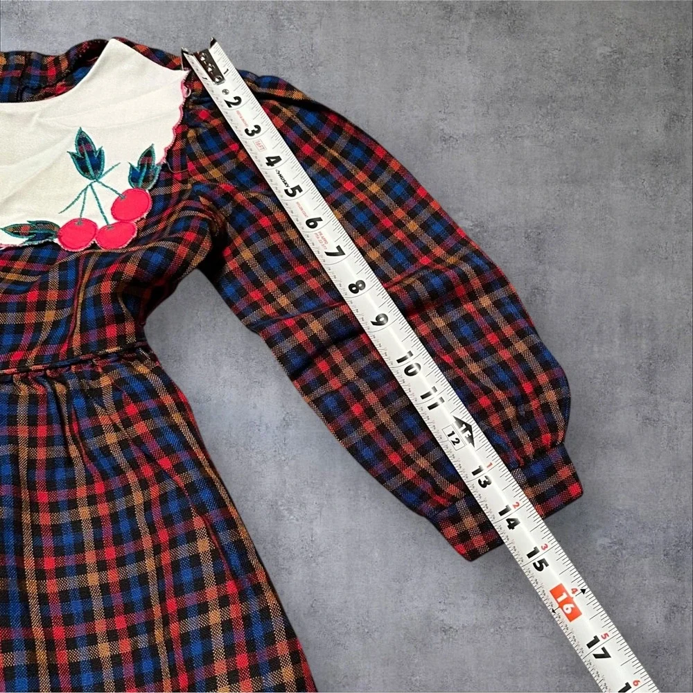 Vintage ady Girls‎ Plaid Dress Cherry Embroidery Long Sleeve Prairie Size 4 5